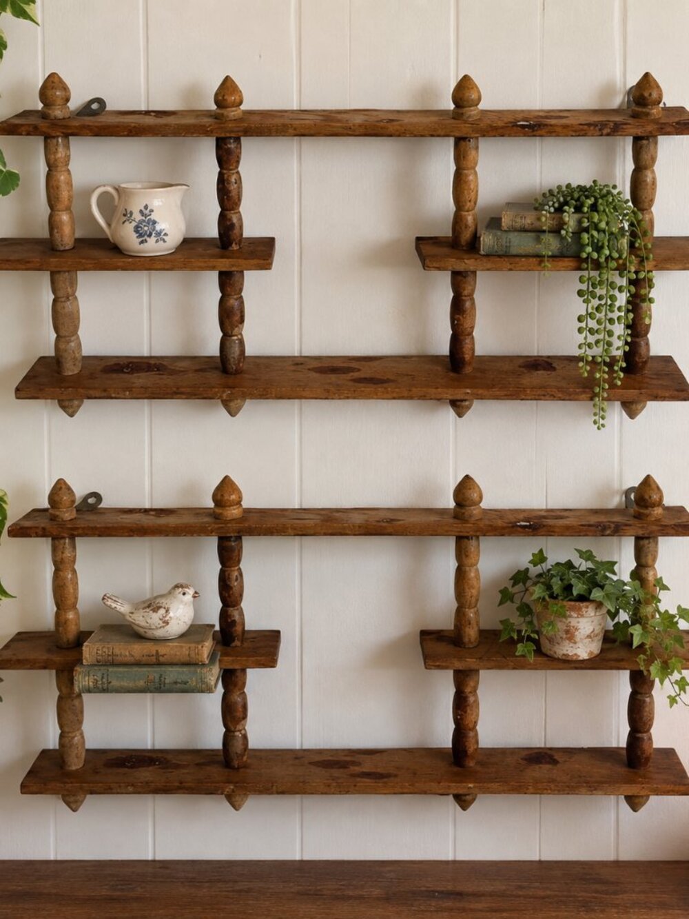 Pair of Vintage Primitive Wooden Wall Shelves – Turned Spindles & Acorn Finials